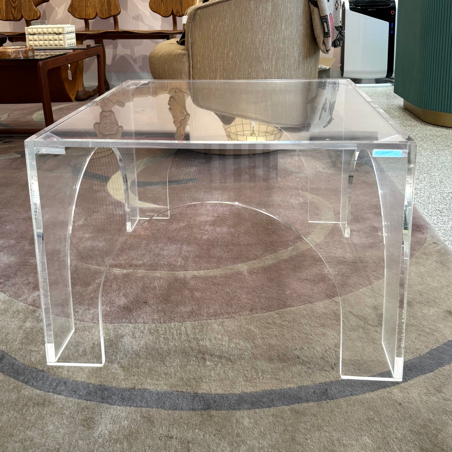 Vintage Square Lucite Coffee Table with Arch Base
