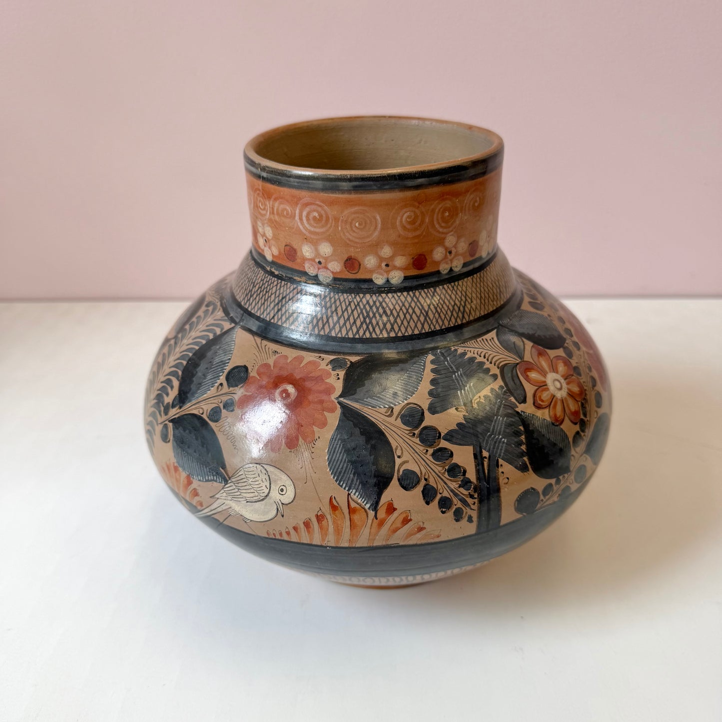 Vintage Hand Painted Mexican Tonala Pottery Vase