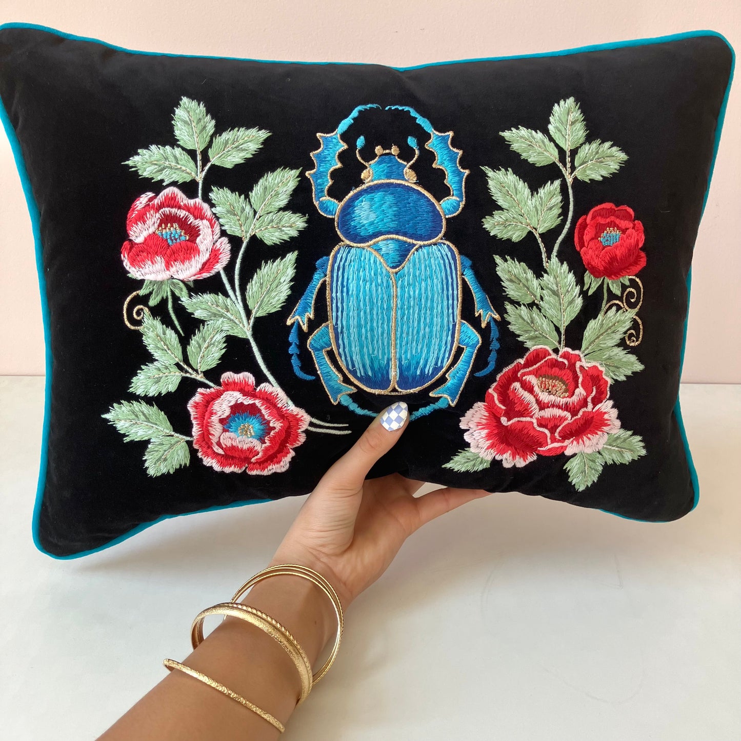 Velvet Embroidered Beetle Pillow by Myth & Thread