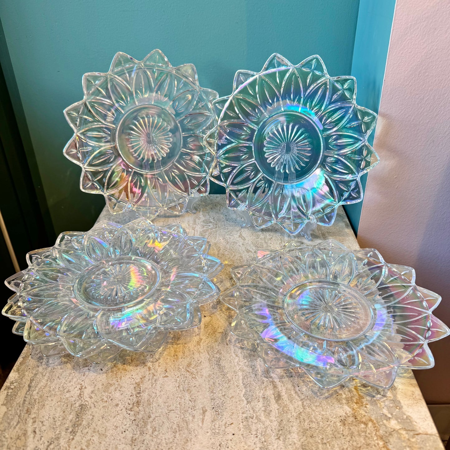 Set of 6 Iridescent Lotus Federal Glass Plates