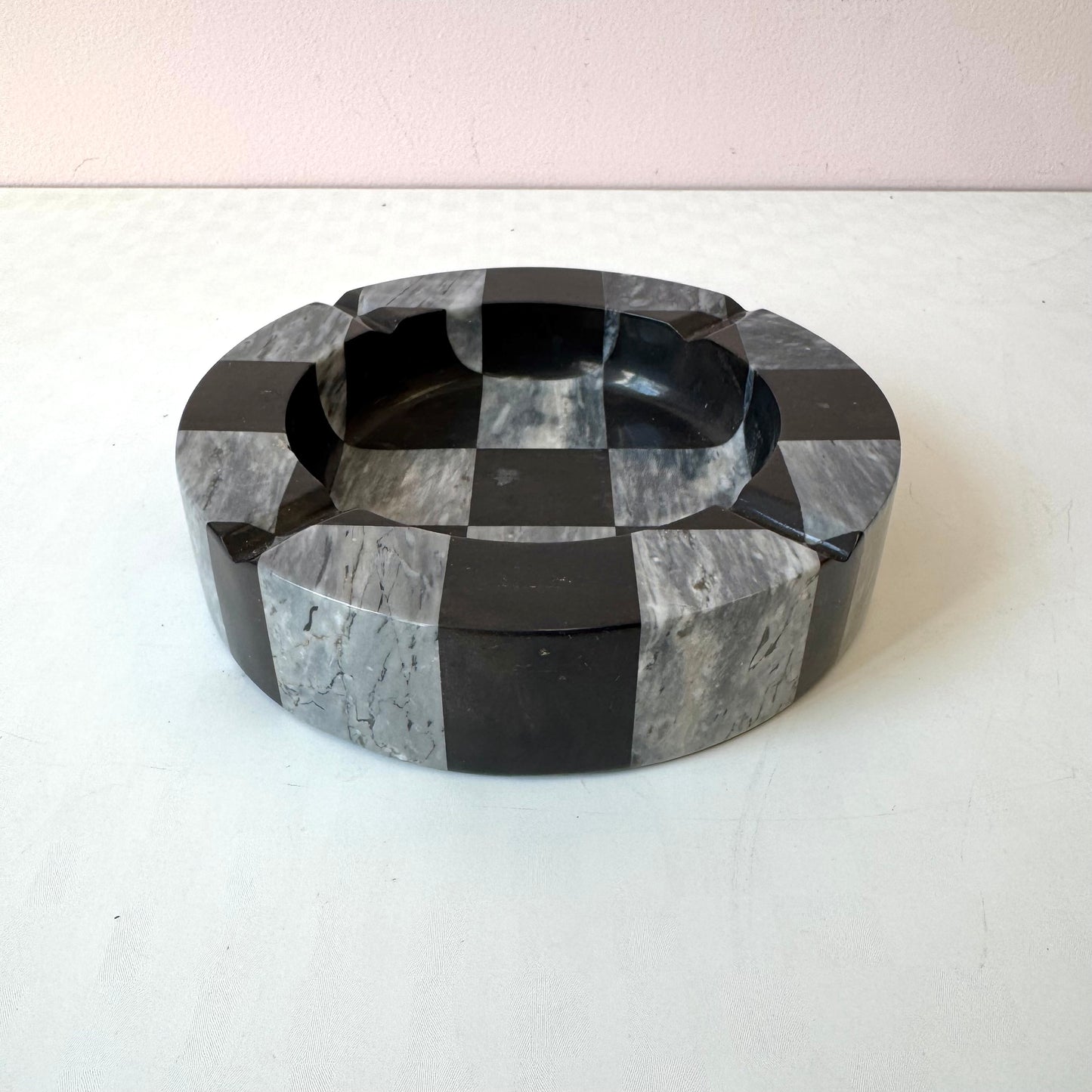 Vintage Black and Gray Checkered Marble Ashtray