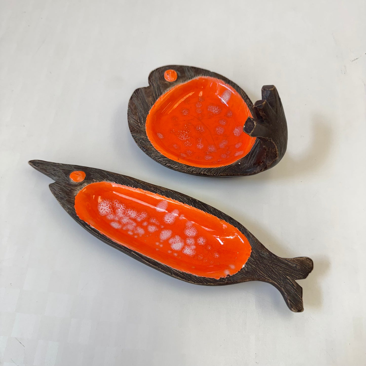 Pair of Mid Century Orange Glazed Ceramic Fish Catchall Dishes
