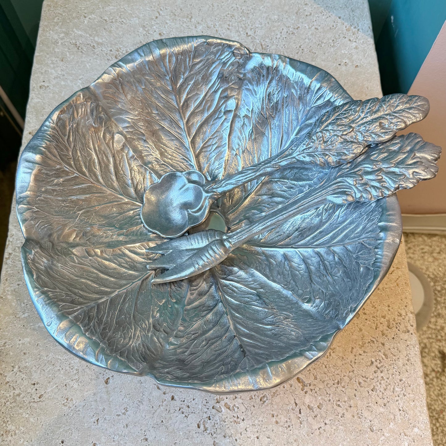 Vintage Wilton Co Pewter Cabbage Leaf Serving Bowl and Utensils
