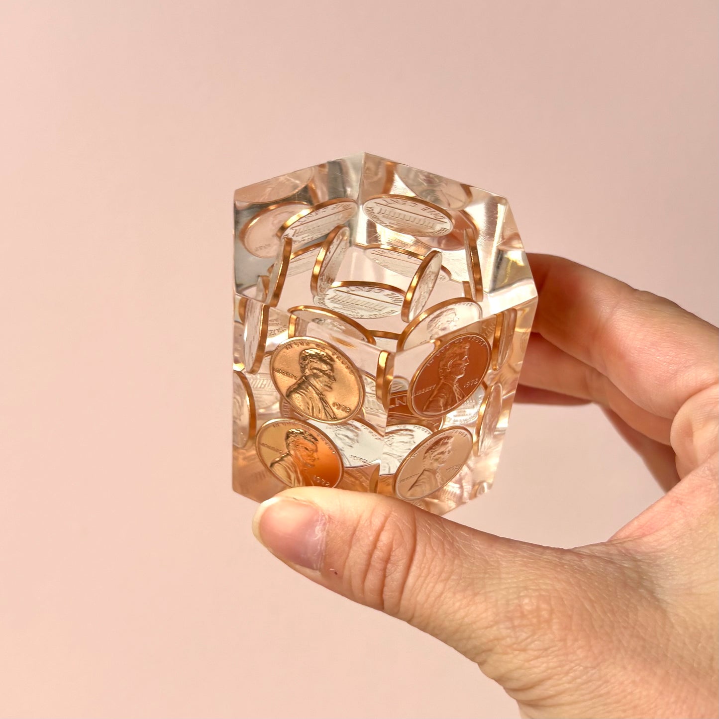Vintage 1972 Hexagonal Lucite Penny Paperweight