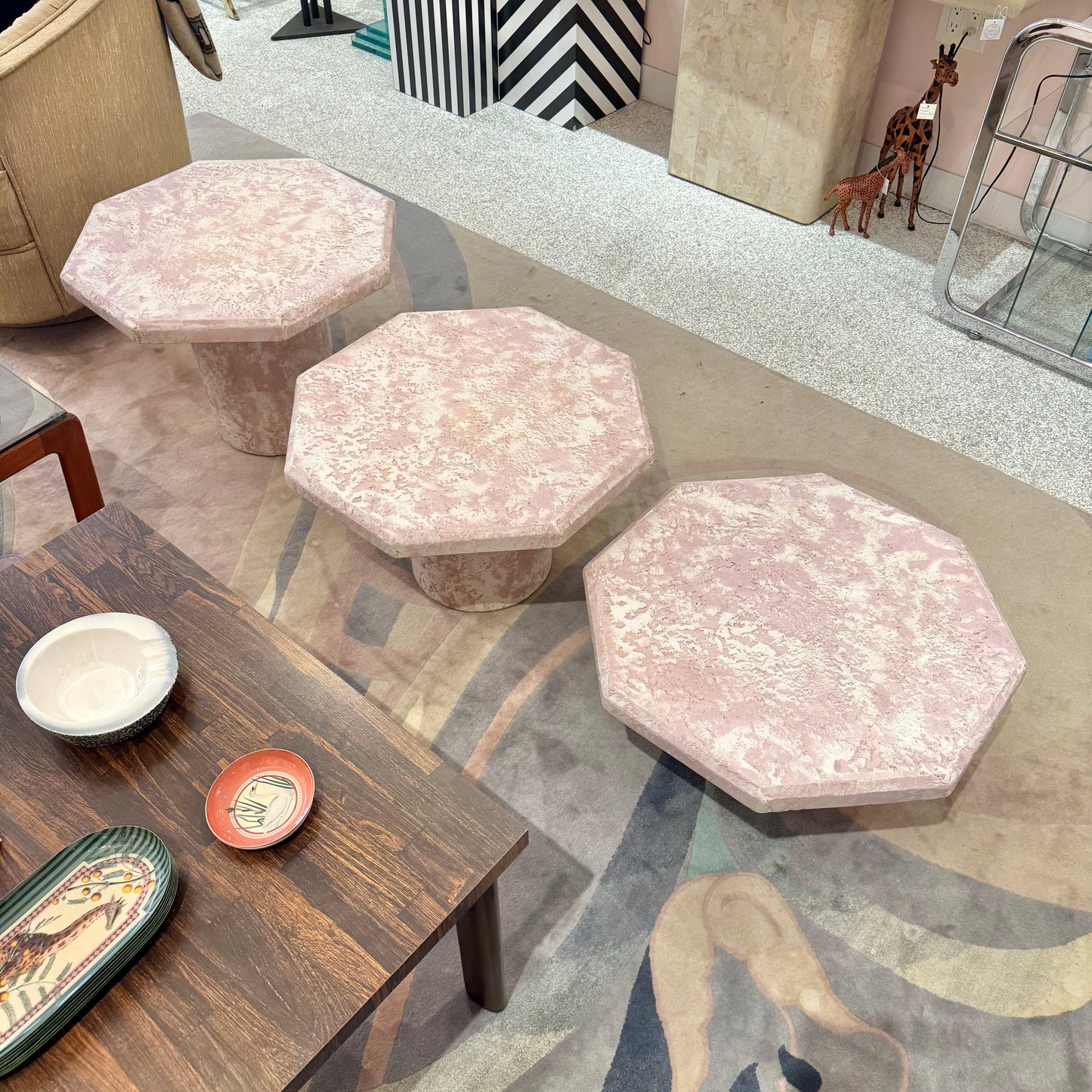 Vintage Set of 3 Pale Pink Octagonal Faux Stone Nesting Tables