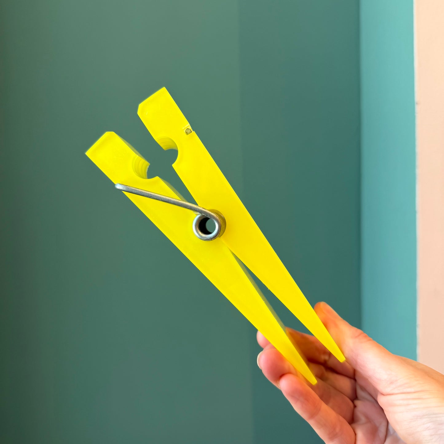 Vintage Mid Century Modern Oversized Bright Yellow Acrylic Clothespin Paperweight
