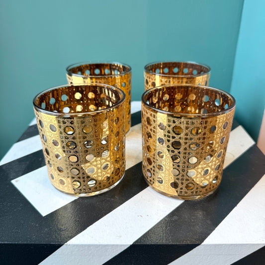 Set of 4 Vintage Gold Cannella Rattan Rocks Glasses by Culver