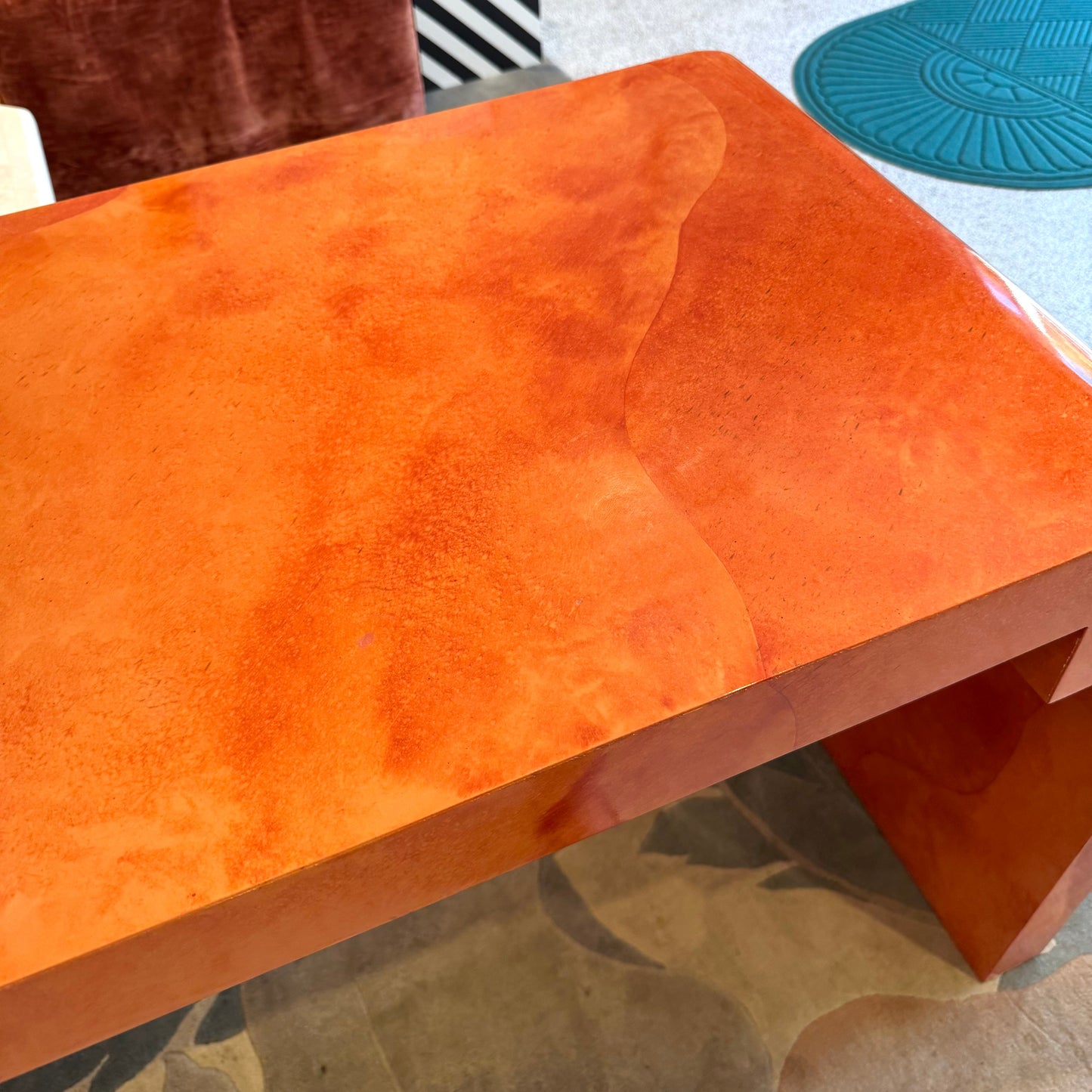 Vintage Postmodern Faux Goatskin Orange Lacquer Console Table