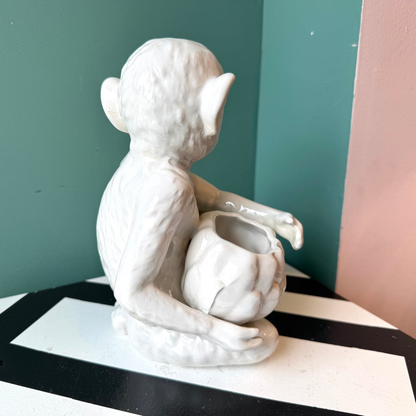 Vintage White Ceramic Monkey Planter