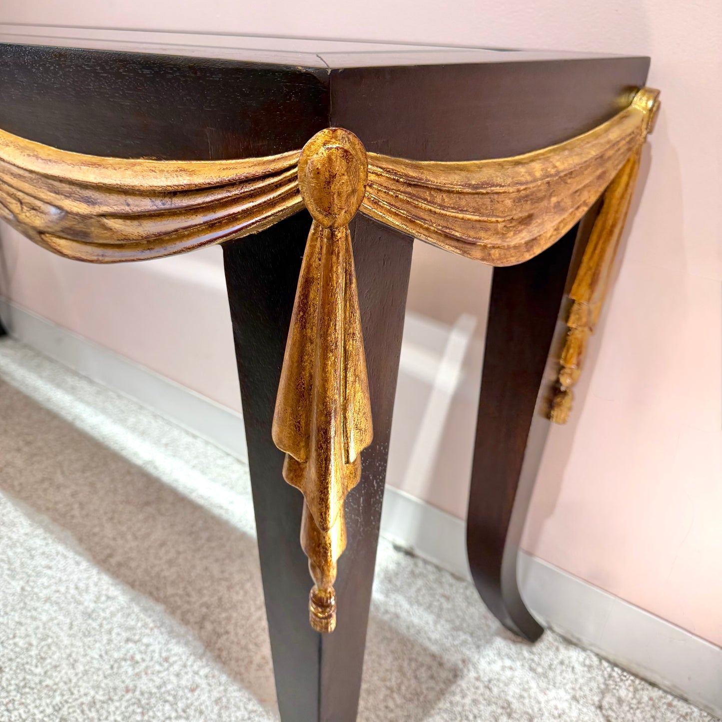 Vintage Dark Wood Console with Gold Gilt Draped Valance Detail