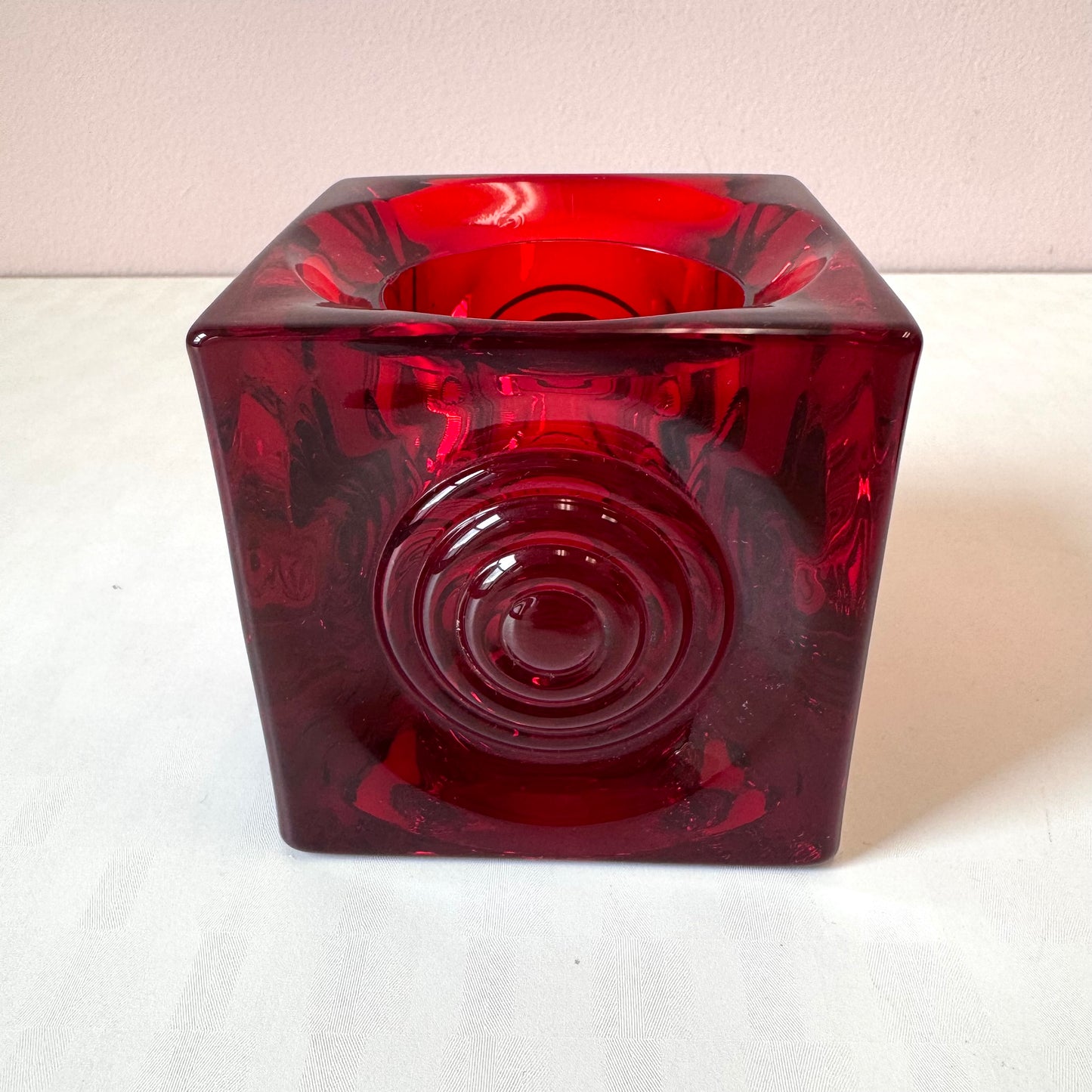 Vintage Pair of Ruby Red Viking Glass Company "Bullseye" Cube Candle Holders