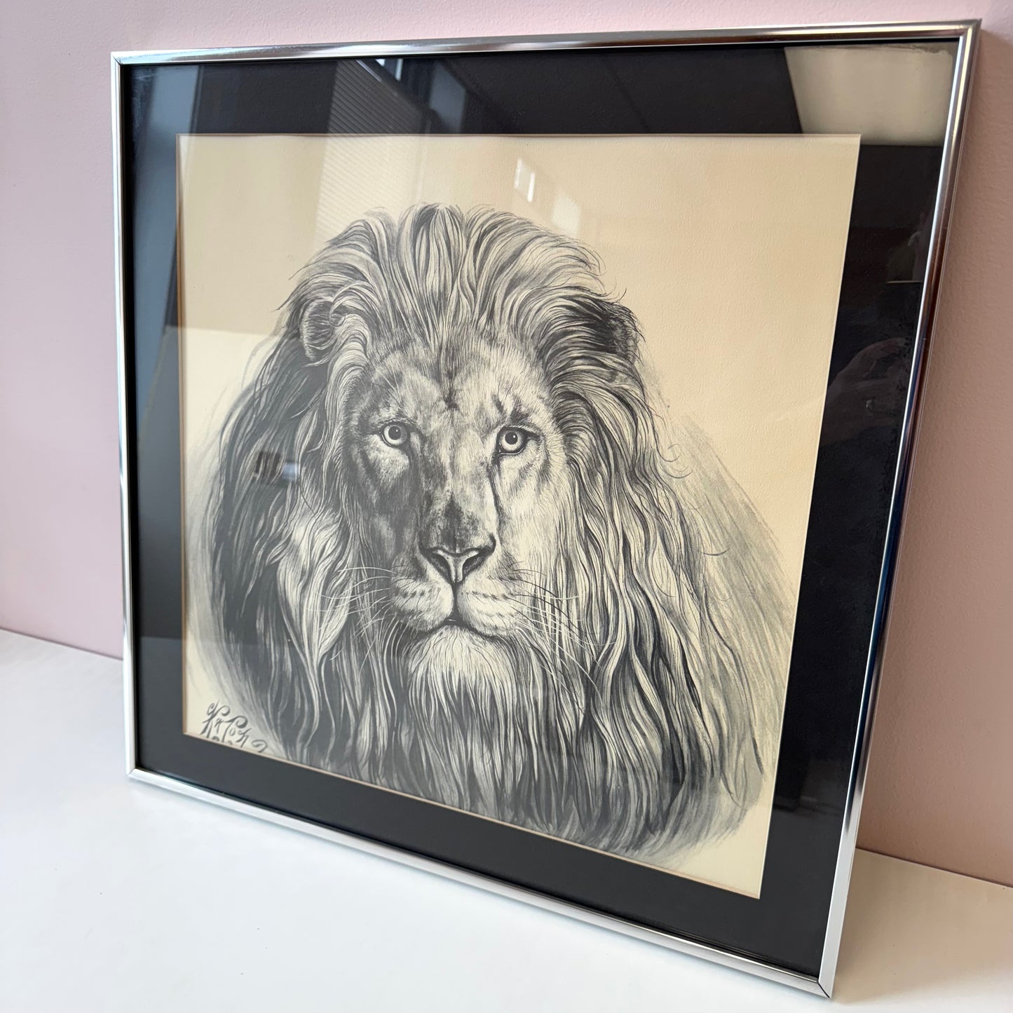 Vintage Framed Lion Artwork by Katon
