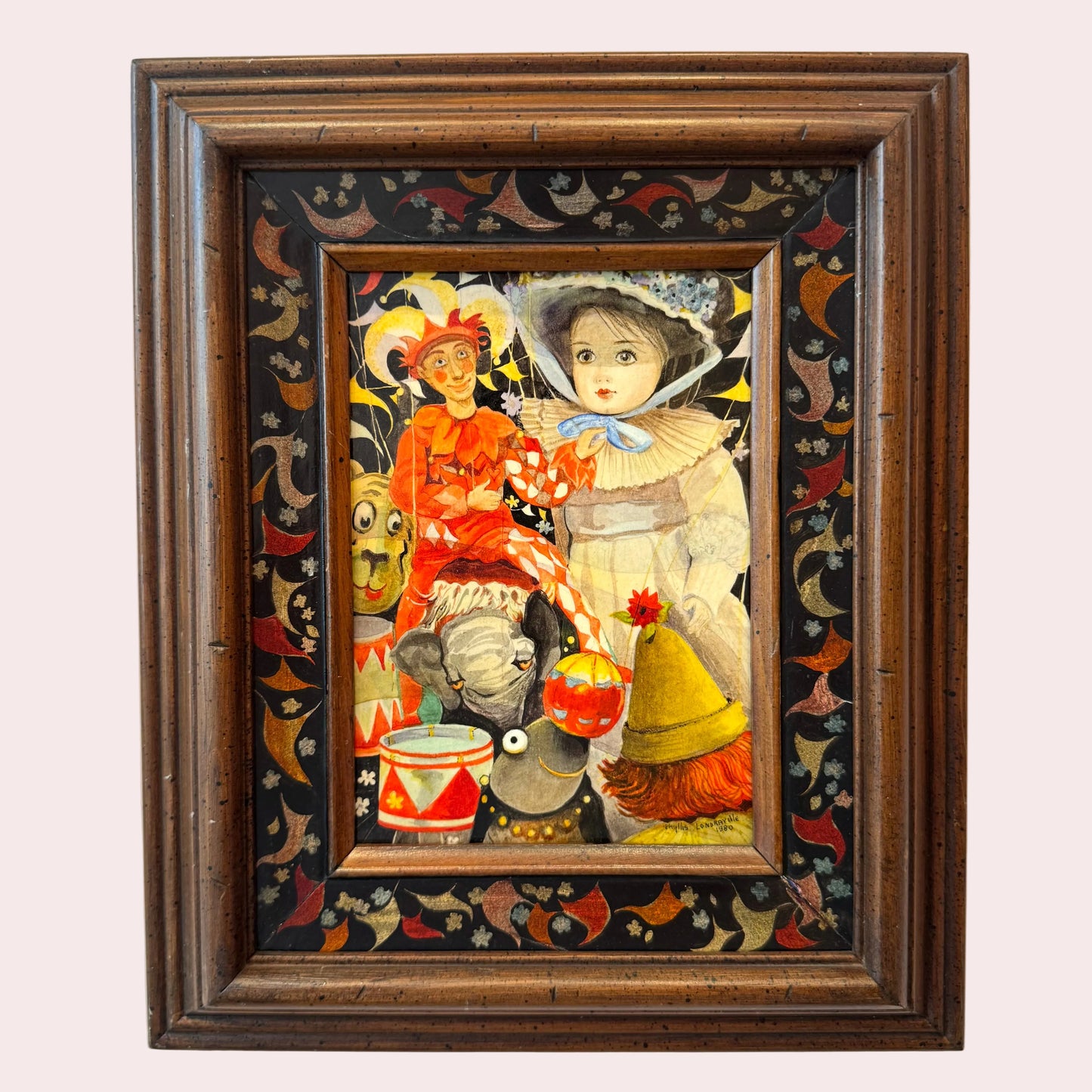 Vintage Small Original Framed "The Little Circus" 1980 Mixed Media on Board by Phyllis Londraville