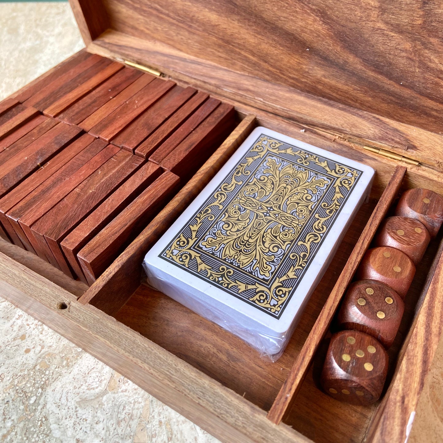 Wood and Brass Game box with Cards, Dice & Dominos