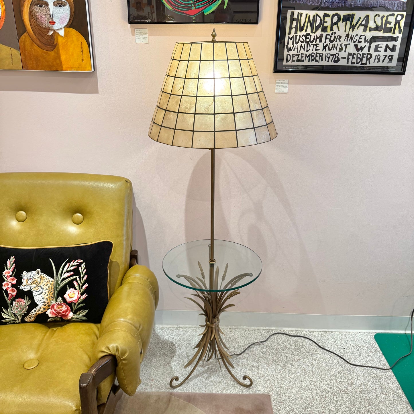 Vintage Capiz Shell Floor Lamp with Sheaf of Wheat Table