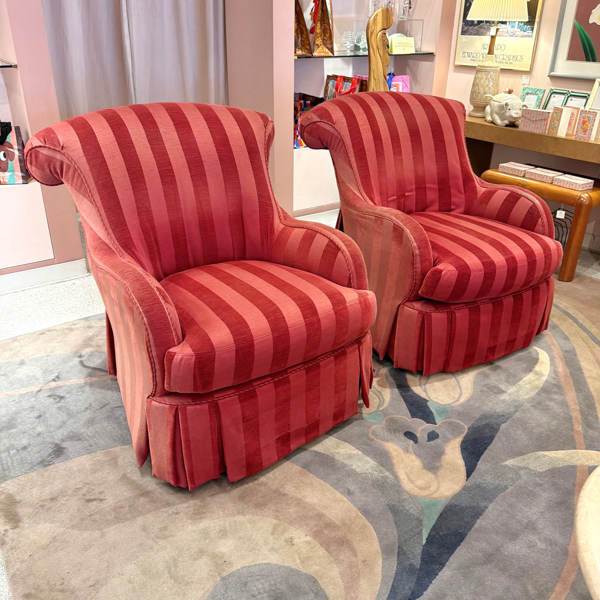 Vintage Raspberry Red Regency Style Striped Lounge Armchair by Lexington Furniture /item