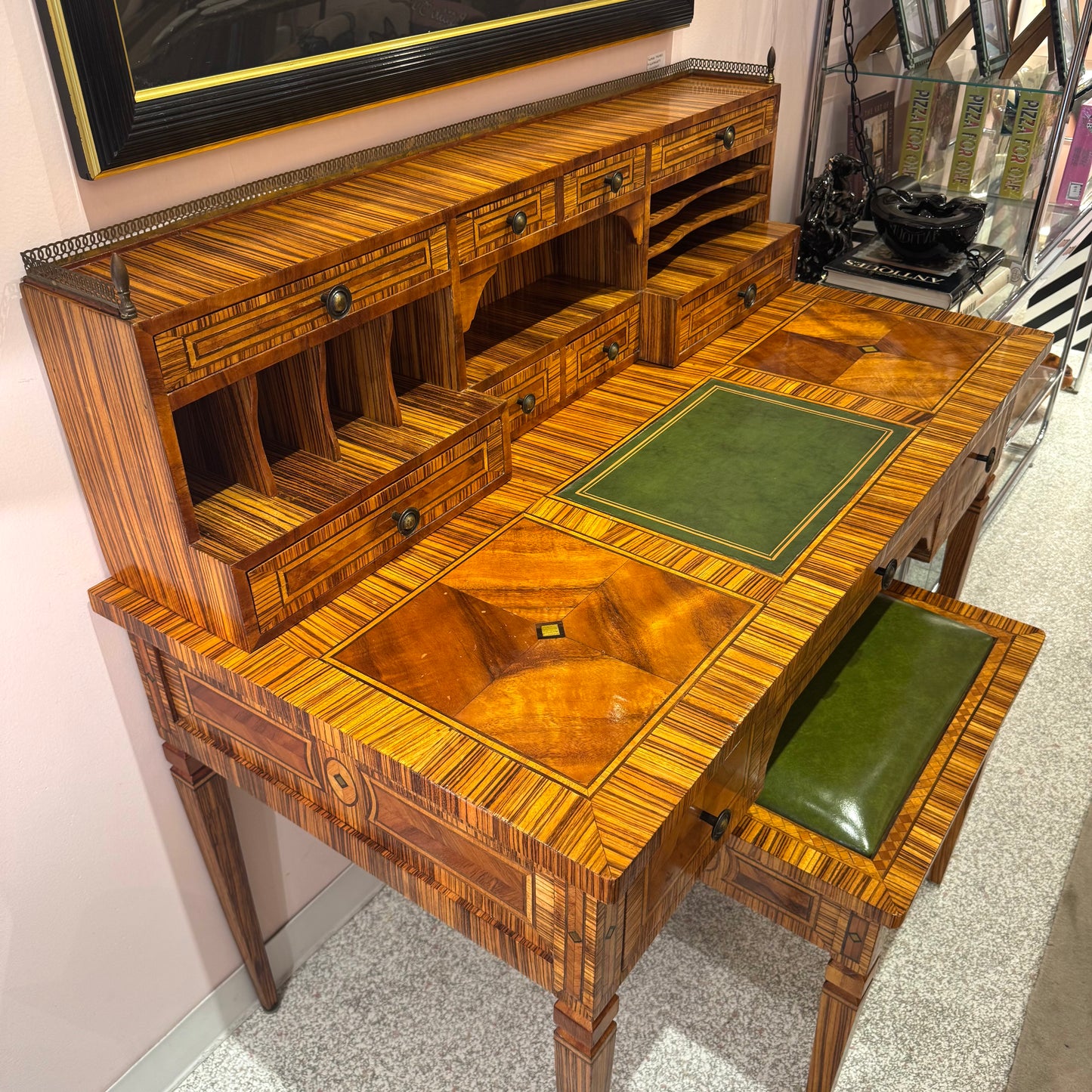 Vintage Carlton House Style Marquetry Writing Desk and Stool