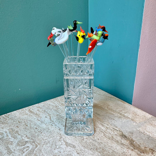 Vintage Set of 10 Glass Bird Olive Picks/Drink Stirrers in Faceted Crystal Jar