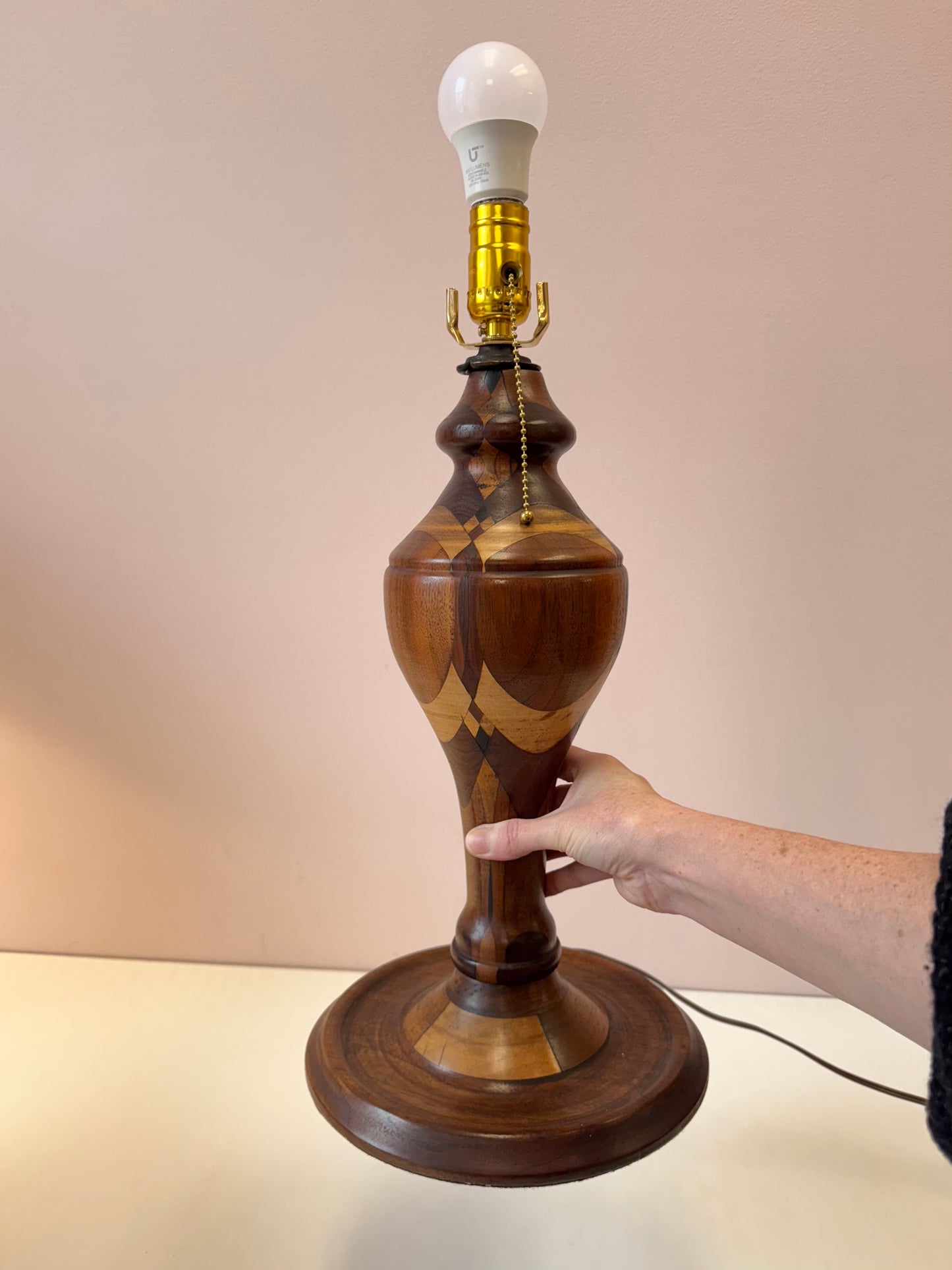 Mid Century Turned Mixed Wood Lamp W/Shade