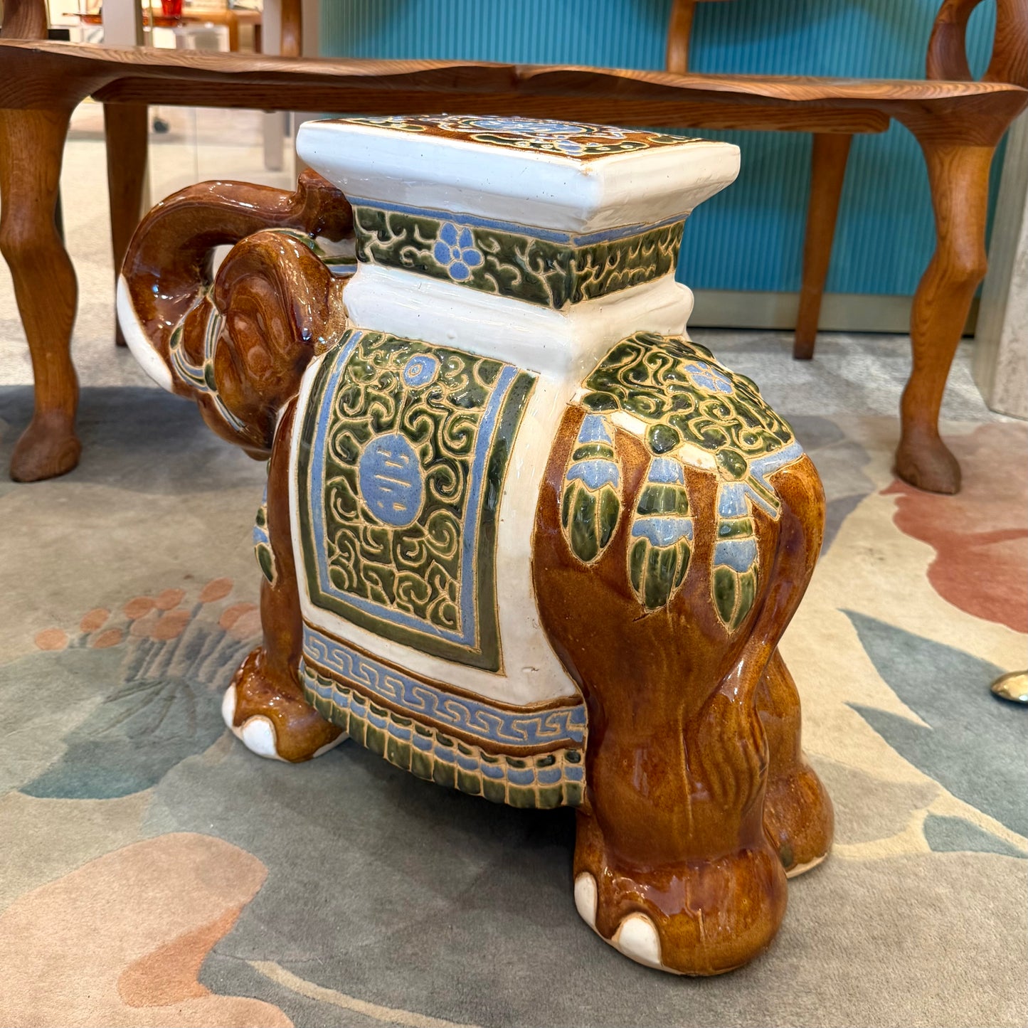 Vintage Hand Painted Brown Ceramic Asian Elephant Plant Stand