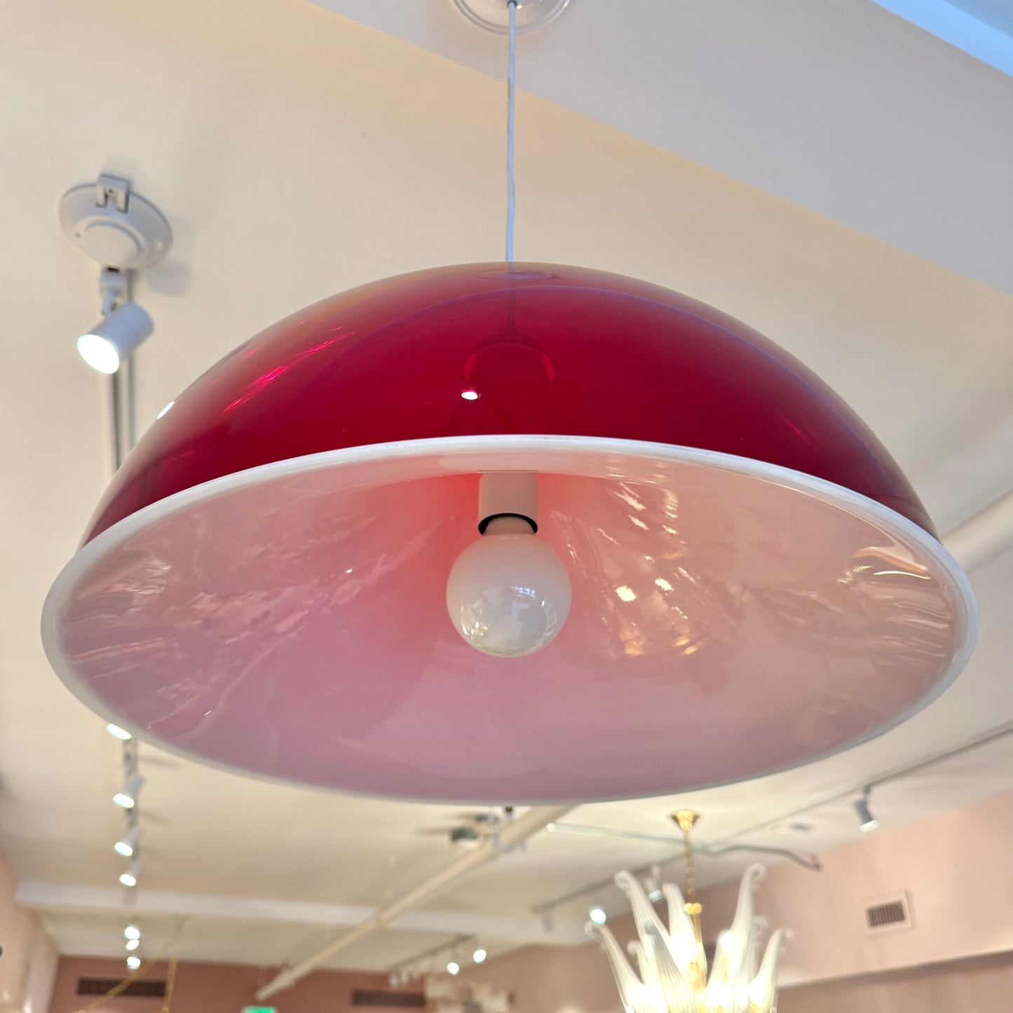 Vintage Red and White Space Age Dome Pendant Light