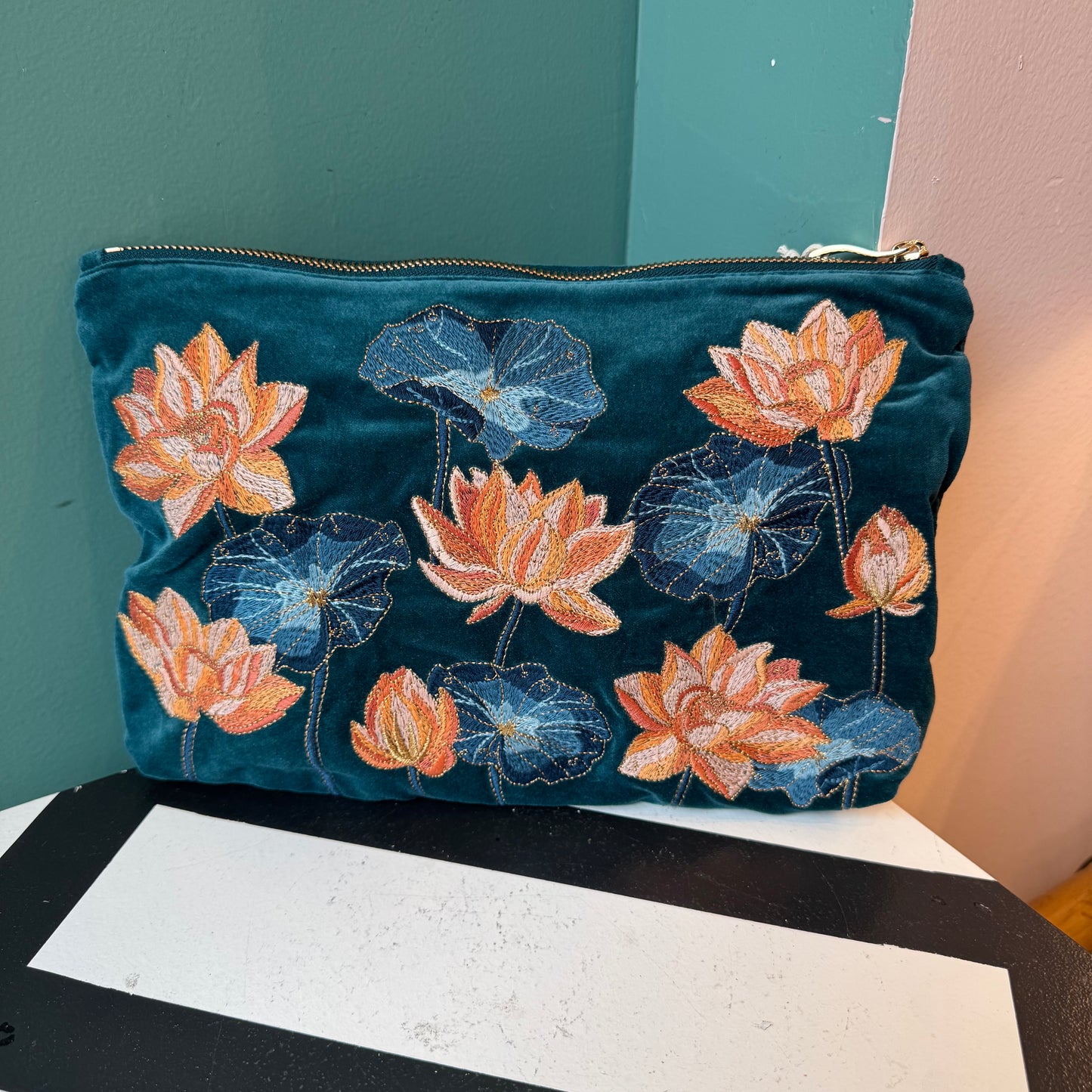 Lotus Rich Blue Velvet Large Everyday Pouch by Elizabeth Scarlett