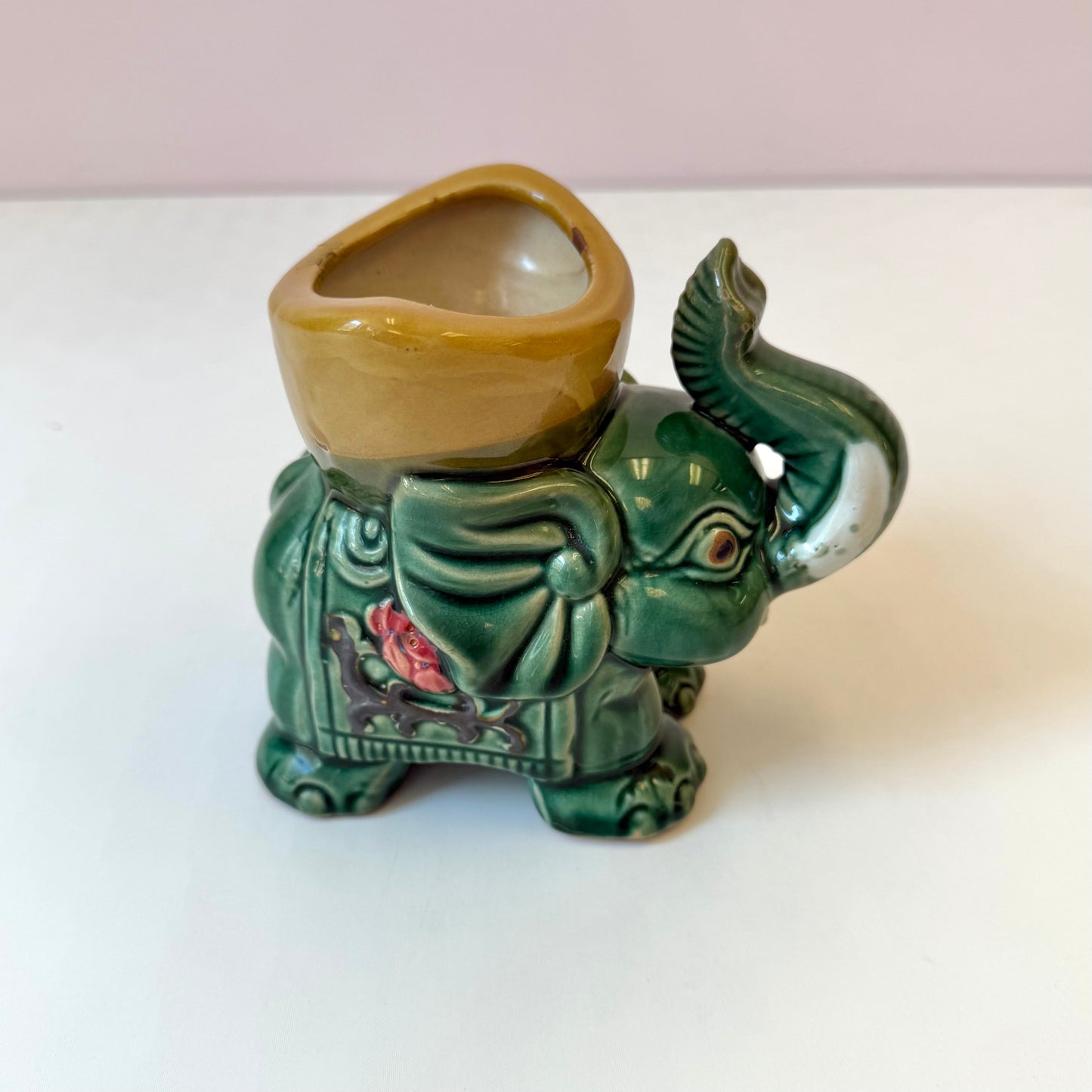 Vintage Green Glazed Ceramic Elephant Planter