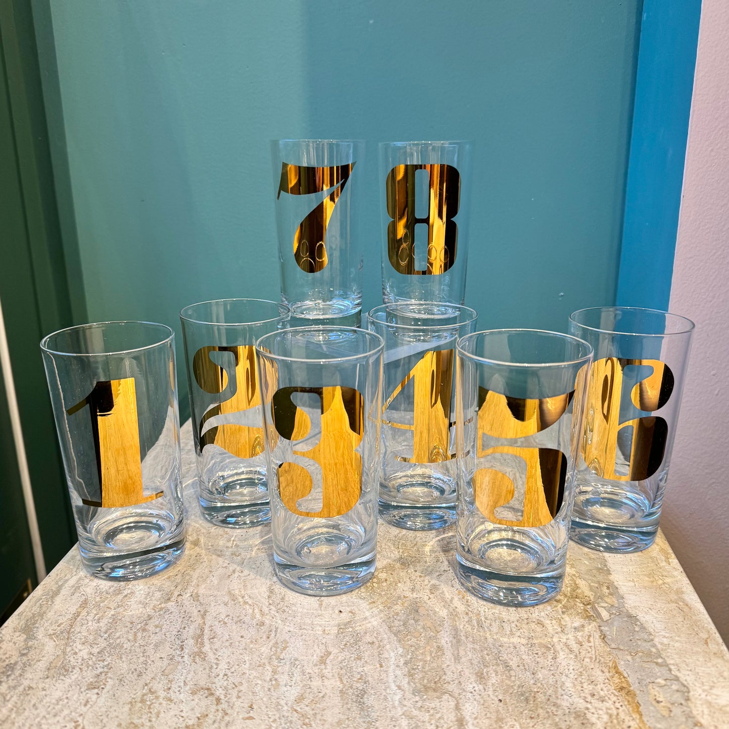 Mid Century Gold Numbered “Morgan” Highball Glasses Set 1-8