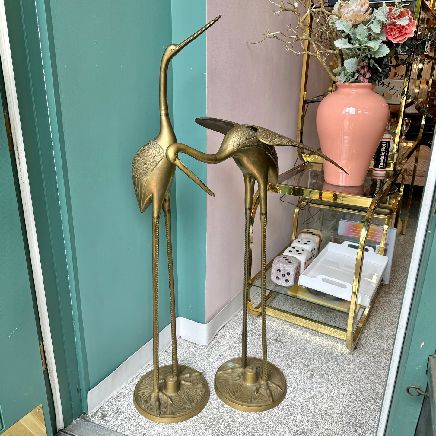 Pair of Extra Large Vintage Brass Crane Birds