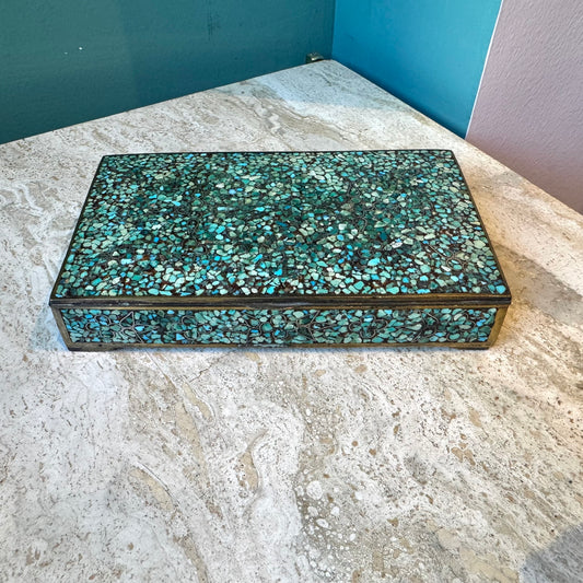 Antique Brass Box with Mosaic Turquoise Stone Design
