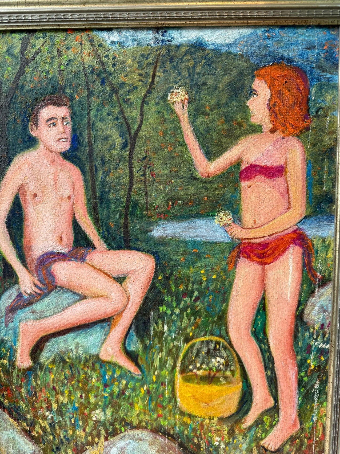 Vintage Original Framed “Couple by a Riverbank 2” Artwork