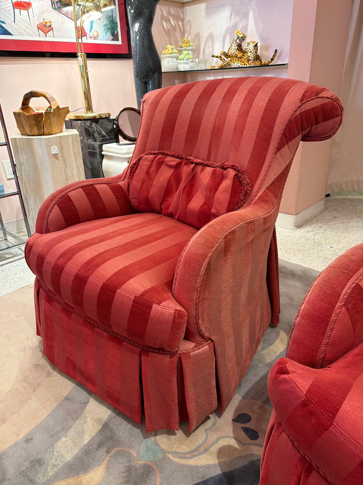Vintage Raspberry Red Regency Style Striped Lounge Armchair by Lexington Furniture /item