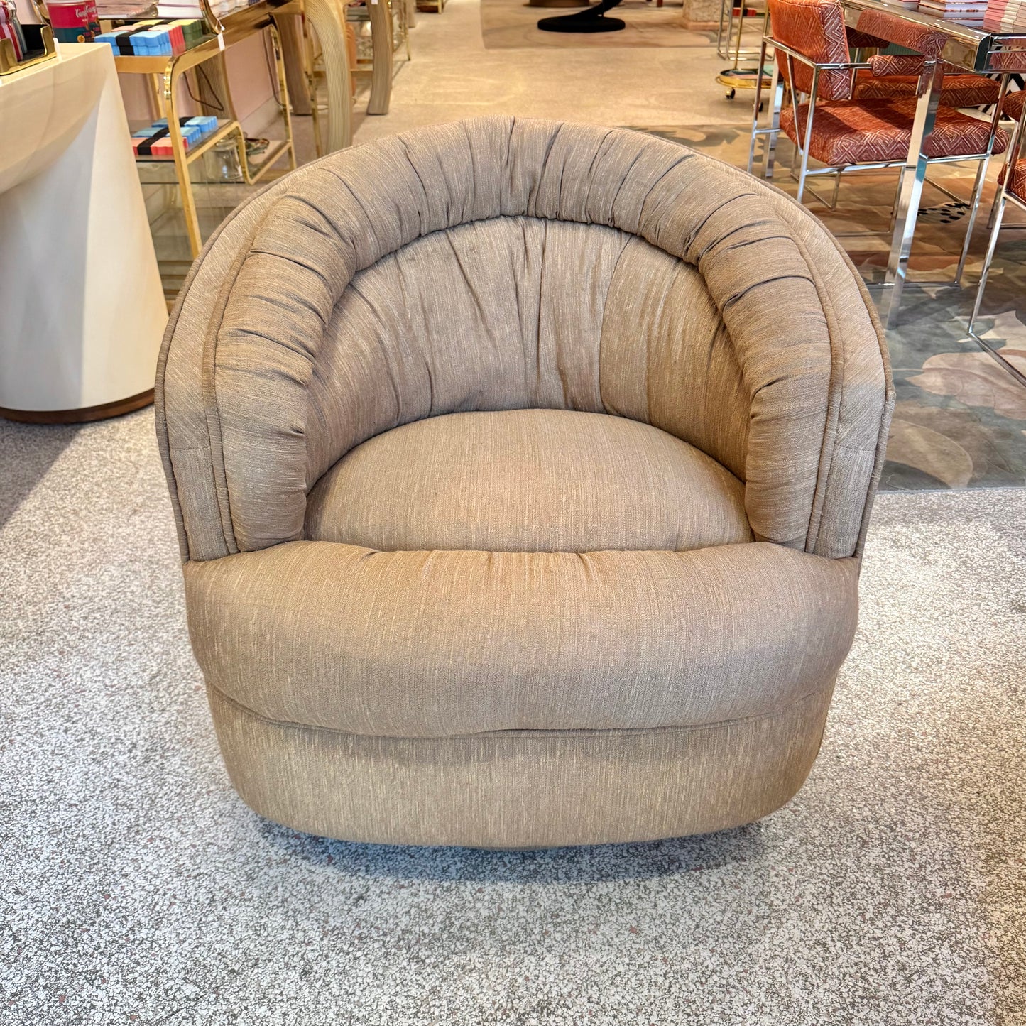 1980's Ruched Back Swivel Barrel Chair