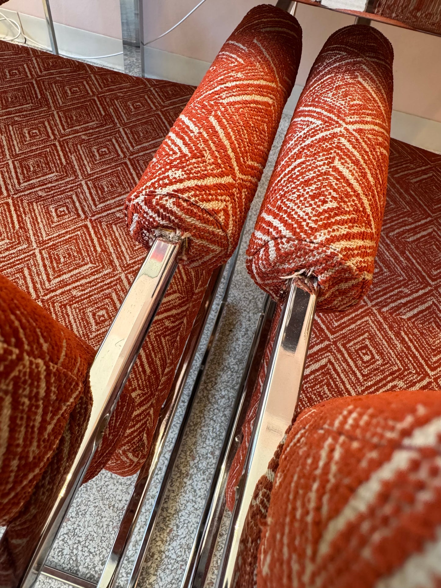 Vintage Set of 4 Milo Baughman '1188' Chrome and Orange Wool Dining Chairs