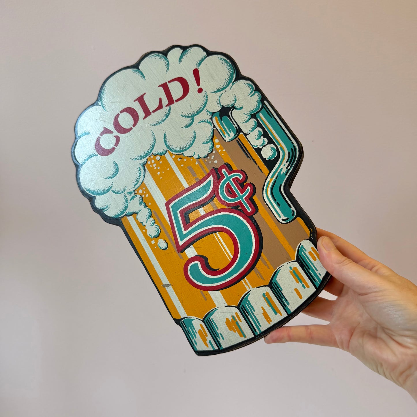Vintage 1960's Wooden "Cold 5¢" Beer Wall Sign