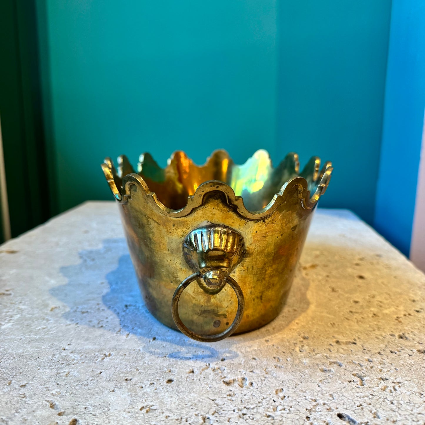 Vintage Brass Crown Planter with Ring Handles