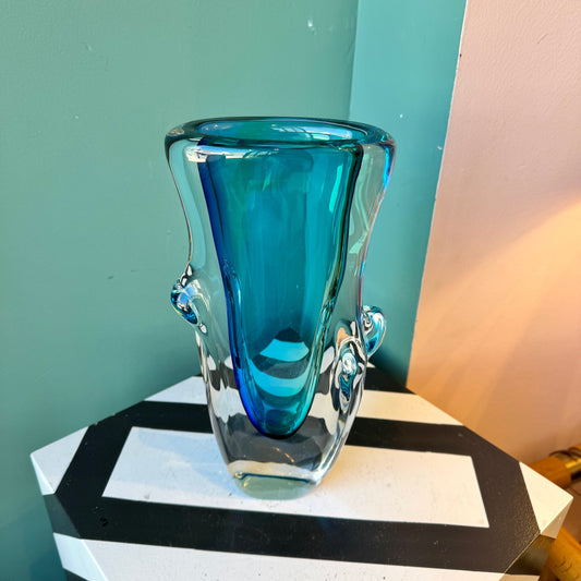 Vintage Murano Glass Turquoise Vase - signed
