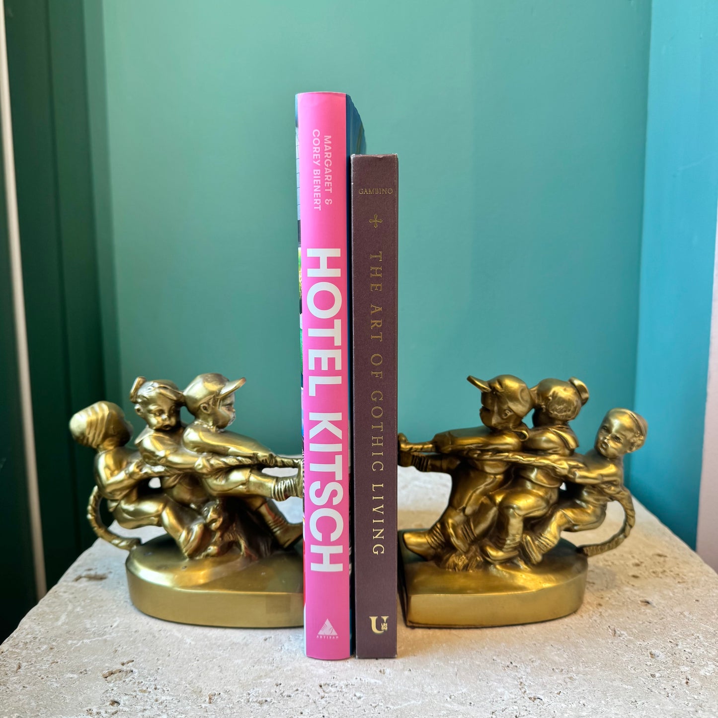 Pair of Vintage Mid Century Brass “Tug of War” Bookends