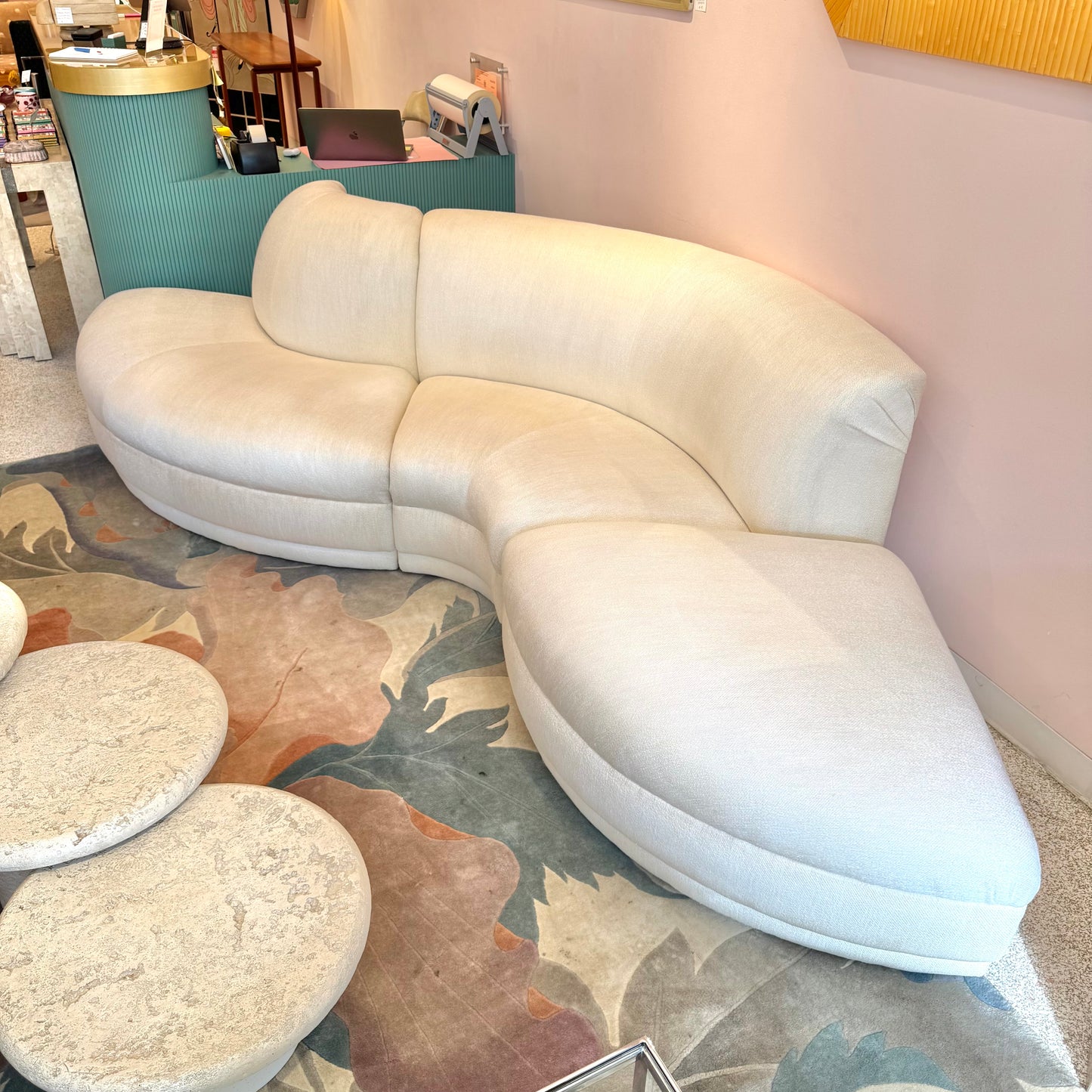 Vintage Three Piece Serpentine Ivory Sectional Sofa
