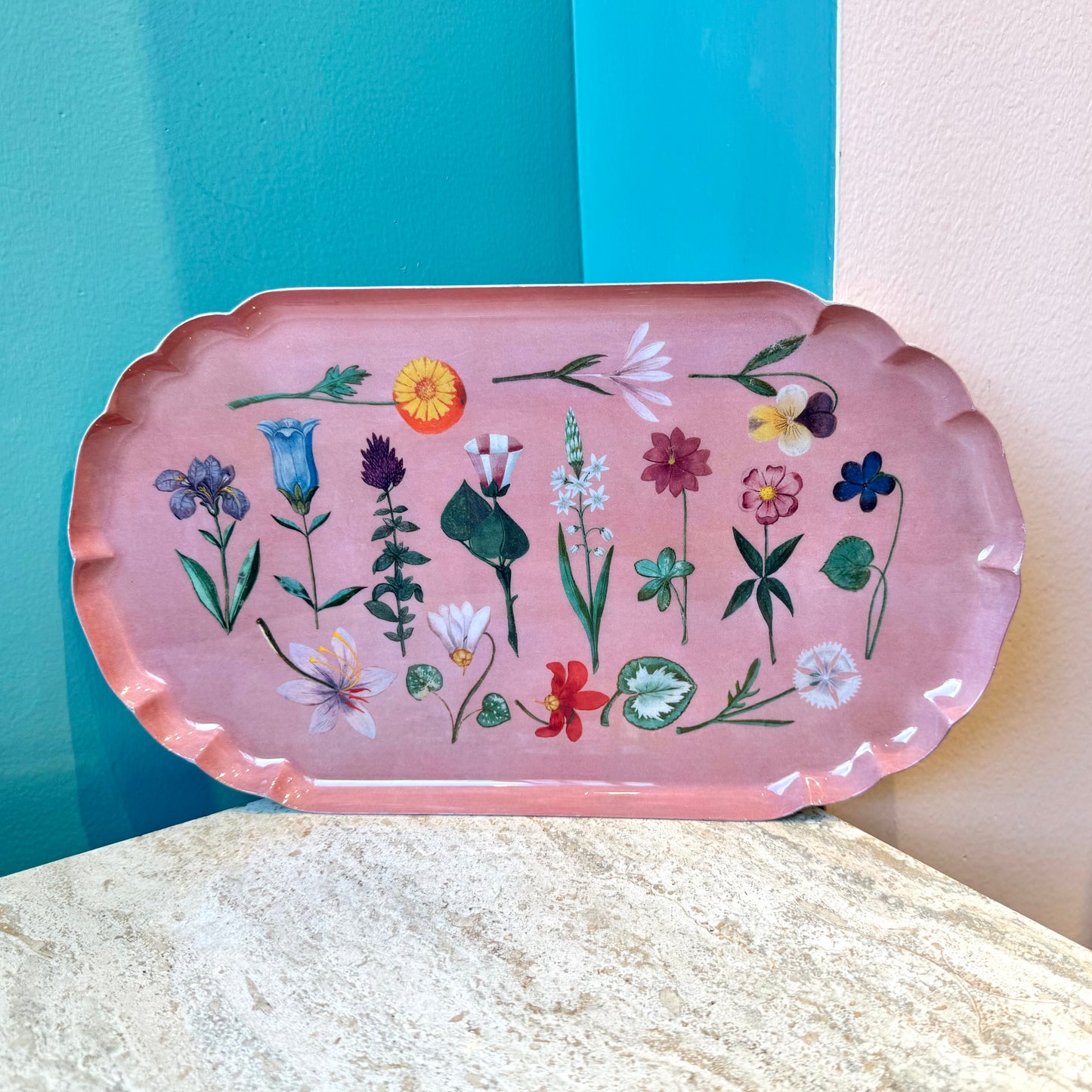 Festival of Flowers Scalloped Enamel Tray by Roomytown London