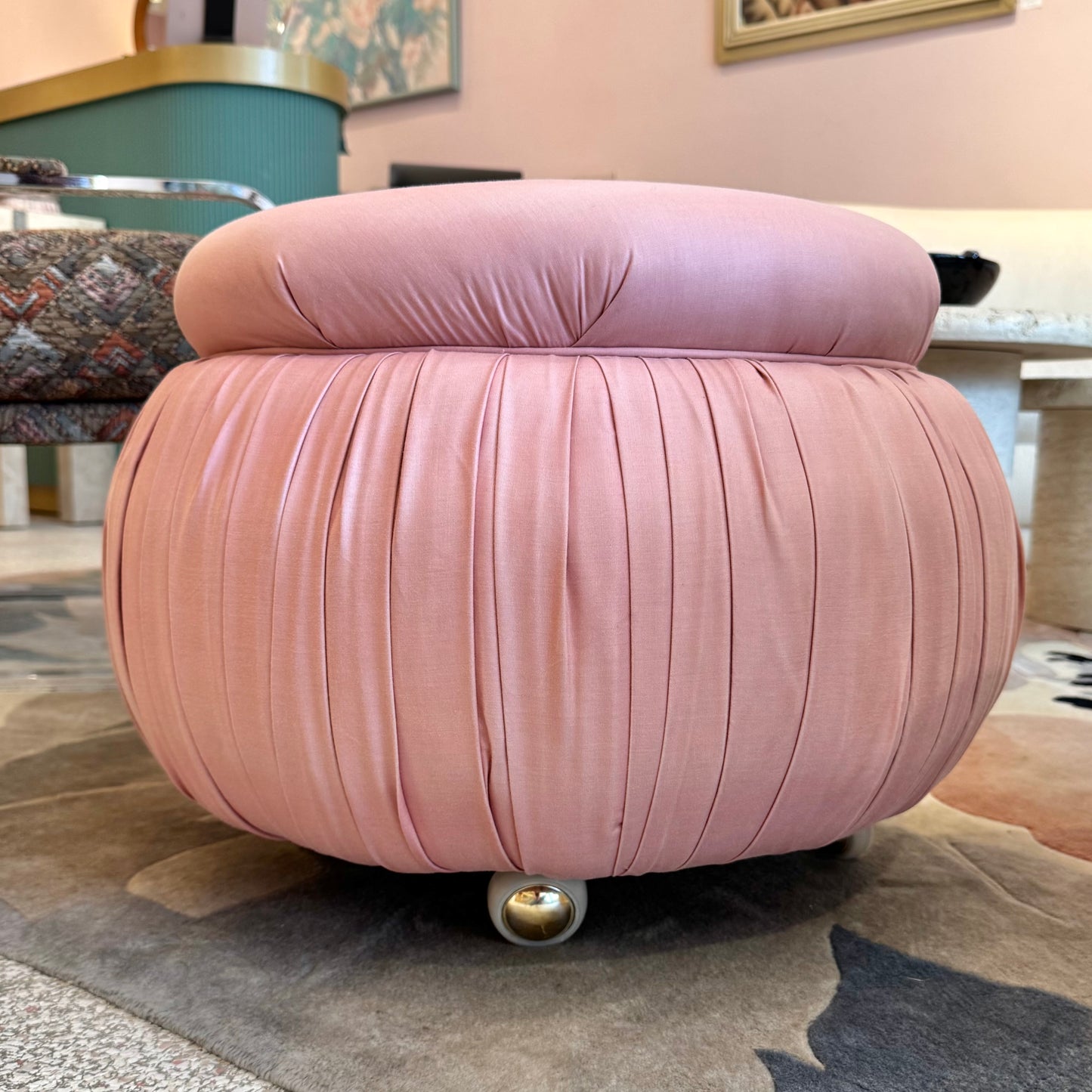 Vintage Pink Pouf Ottoman on Wheels