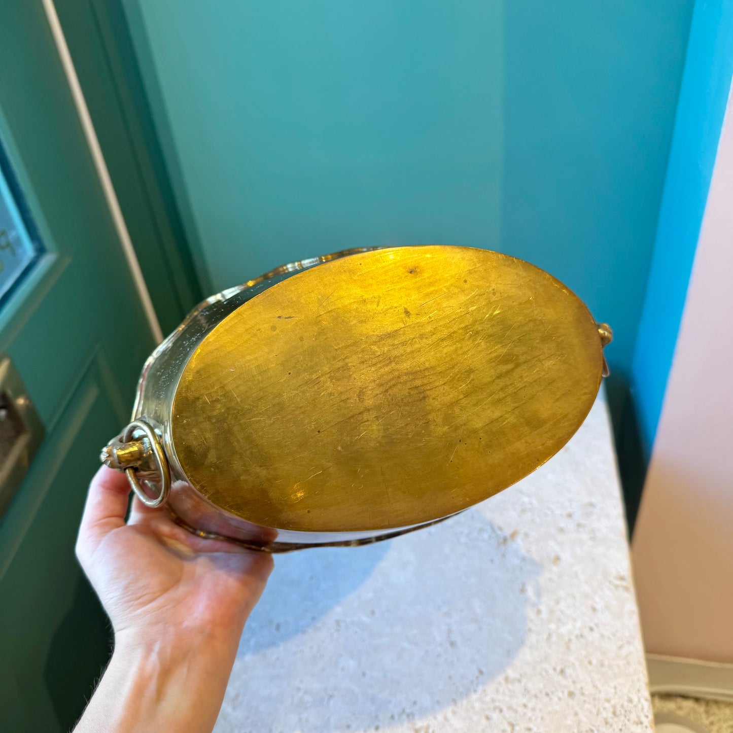 Vintage Brass Crown Planter with Ring Handles