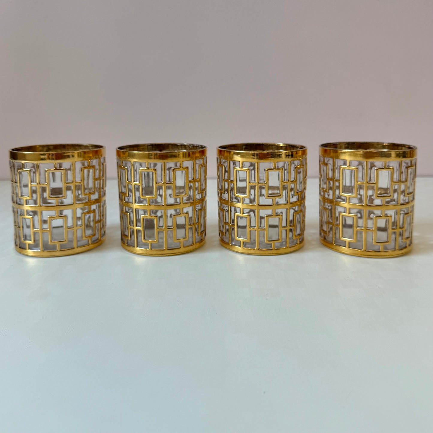 Vintage Set of 4 Imperial Glass Company Tumbler Glasses in the Gold Shoji Pattern
