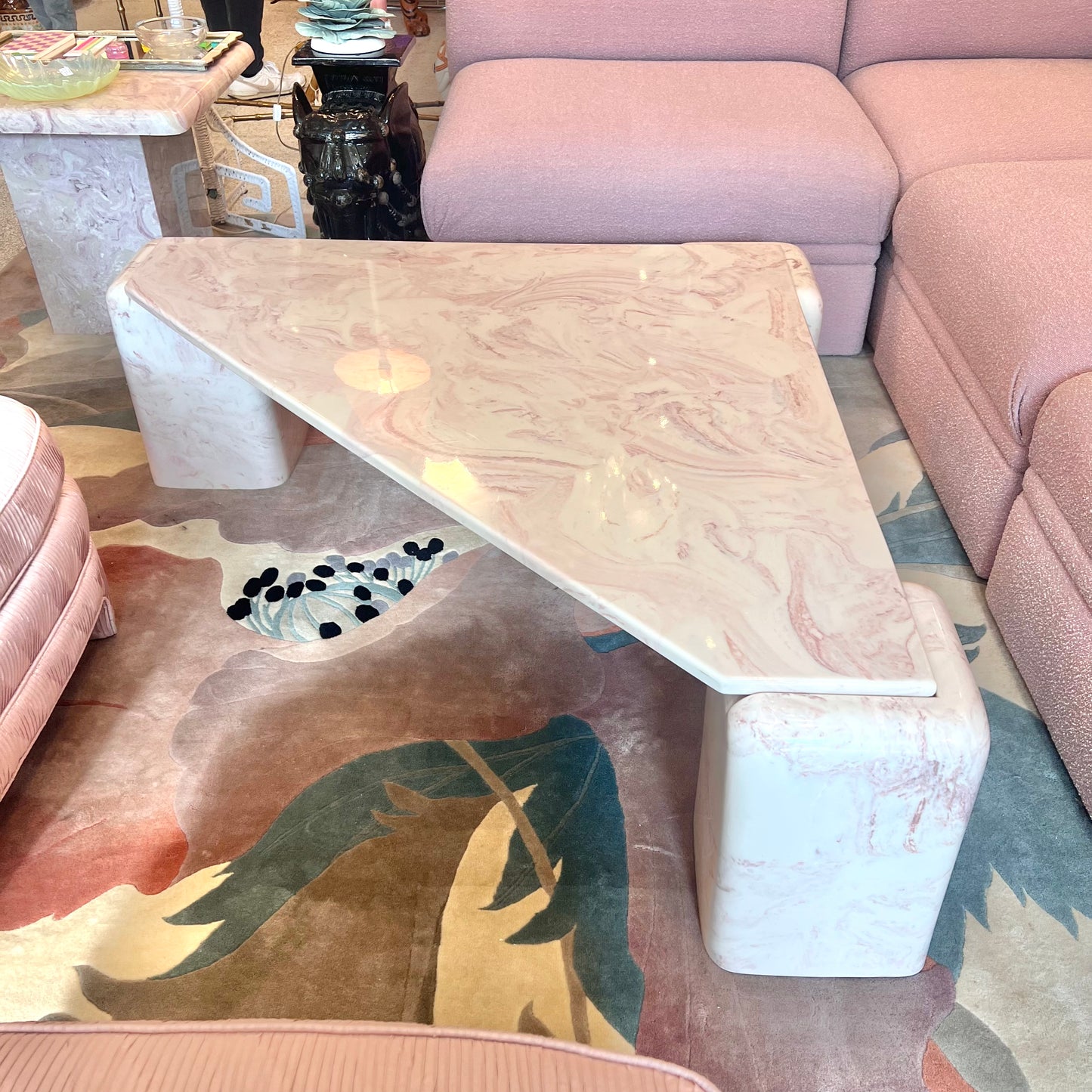 1980’s Triangular Postmodern Pink Marble Resin Coffee Table