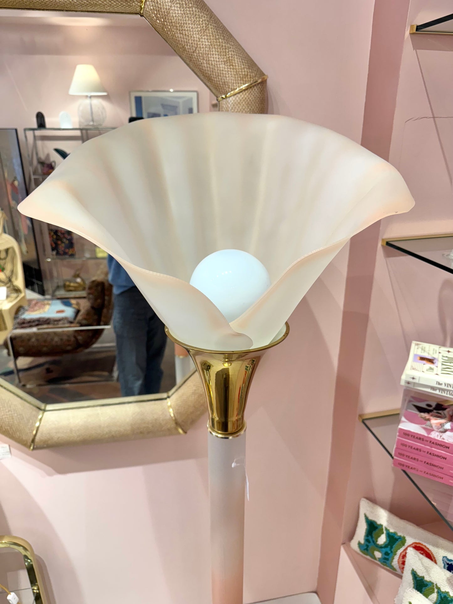 Vintage Pink Lucite Floor Lamp with Large Calla Lily Flower Shade