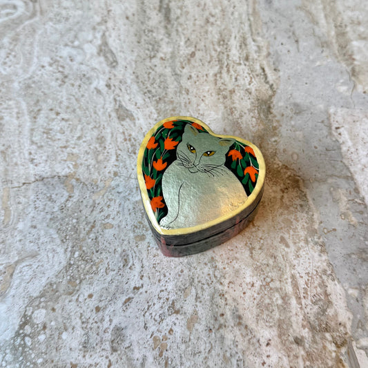 Vintage Hand Painted Cat Heart Box