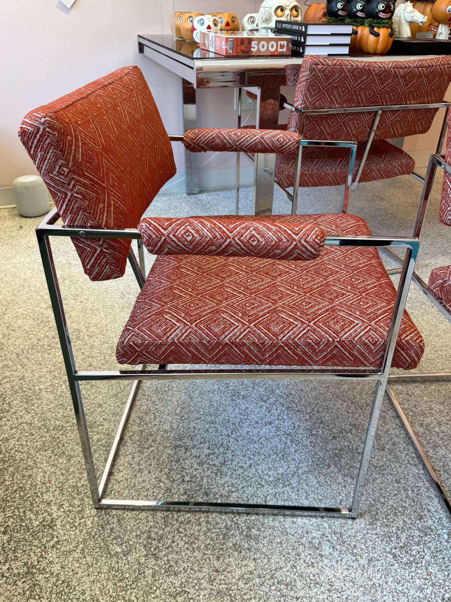 Vintage Set of 4 Milo Baughman '1188' Chrome and Orange Wool Dining Chairs