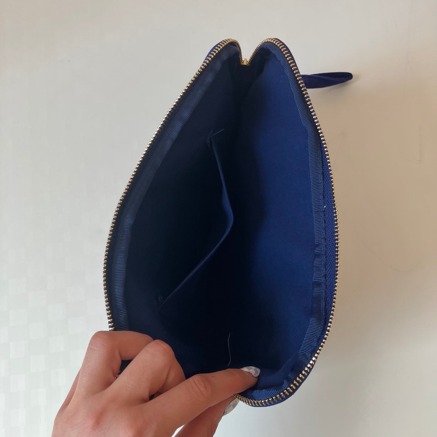 Royal Blue Velvet Embroidered Everything Pouch - Peony Flowers