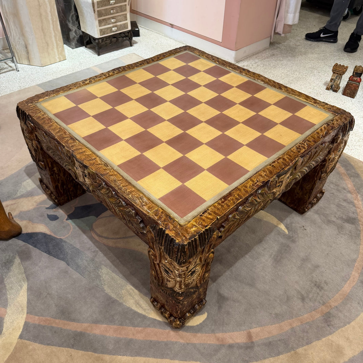 Vintage Mid-Century Carved Chess Board Coffee Table with Chess Pieces