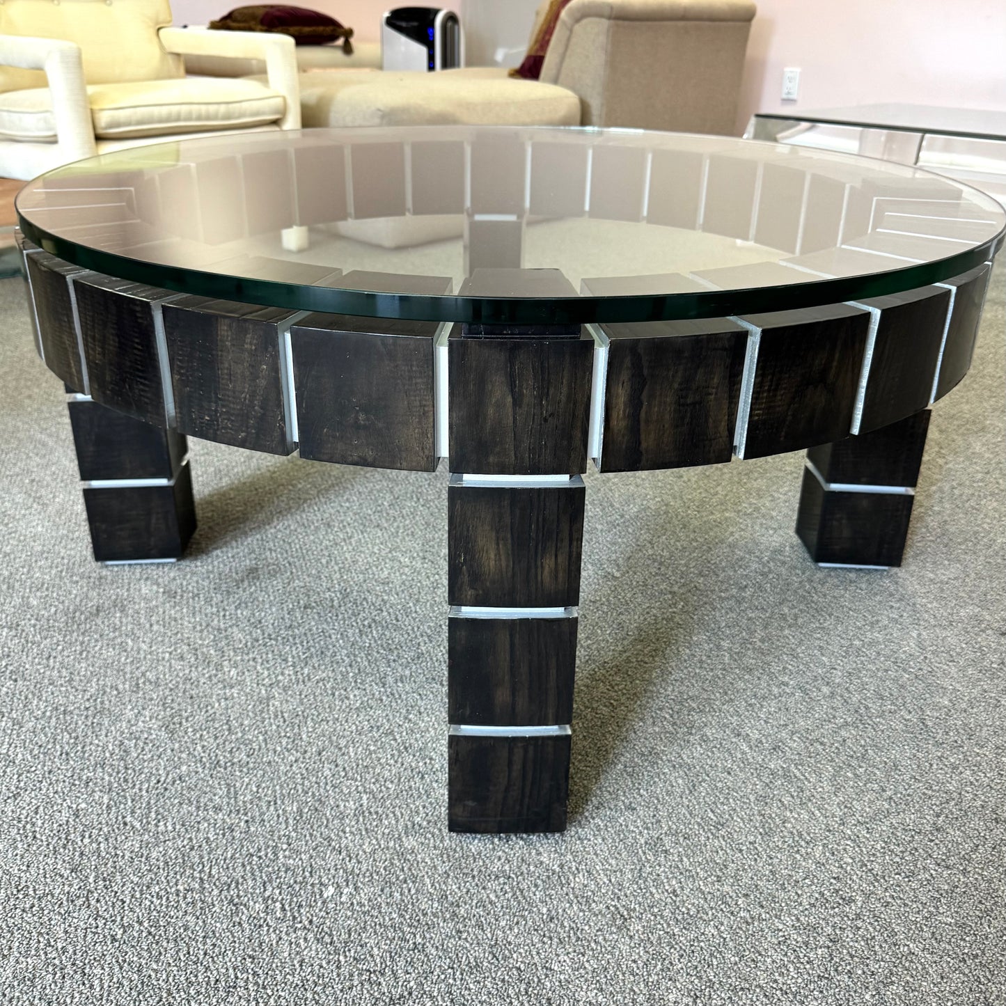 Vintage Postmodern Dark Wood Block and Glass Circular Coffee Table